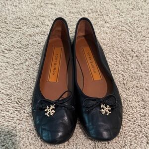 Tory Burch Black Leather Flats with Gold Accents